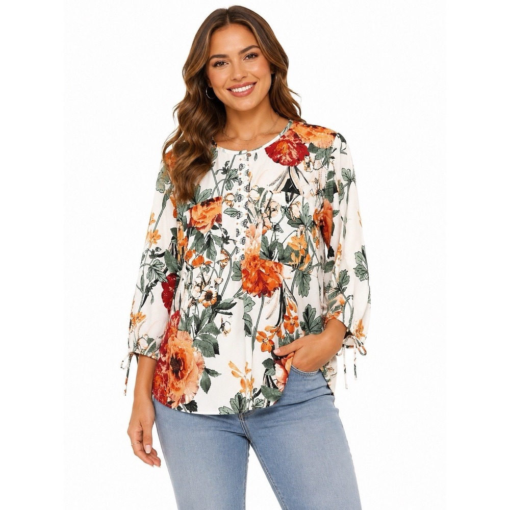 Fig And Flower L White Floral Print Tunic Blouse 3/4 Sleeve Boho Top Sheer‎